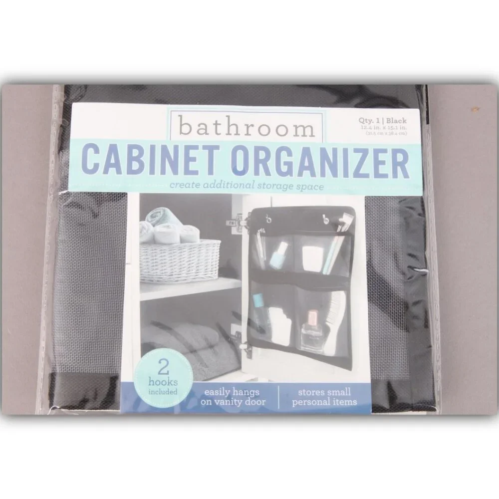 Lot of 4 Cabinet organizer storage bathroom/closet/vanity, black, hooks included